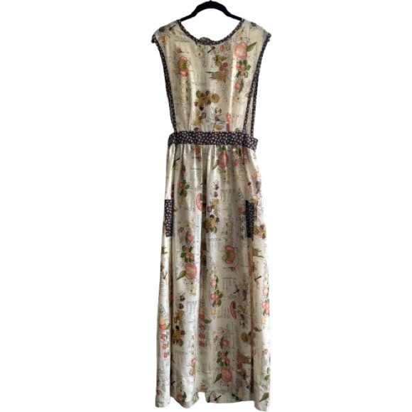 Vintage Dresses & Skirts - Vintage Floral Fruit Mushroom Print Apron Dress Tie Back Trad Cooking Cottage